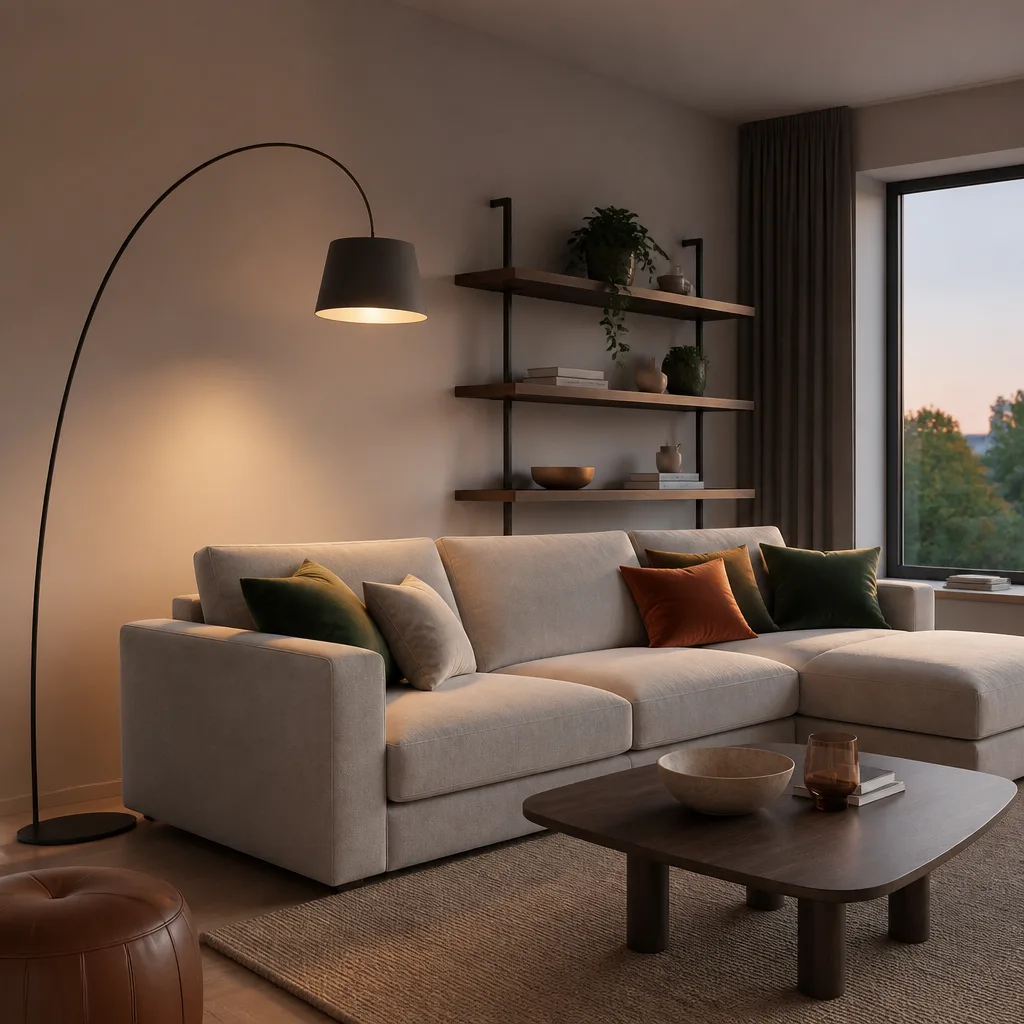Skulpturale, bogenförmige Stehlampe neben einem modernen Sofa in einem minimalistischen Wohnzimmer, warmes Lampenlicht in der Dämmerung