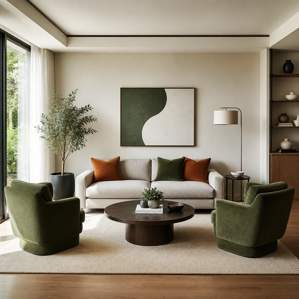 Modernes Sofa symmetrisch flankiert von zwei identischen Sesseln um einen runden Couchtisch, klar liniertes Wohnzimmer, Tageslicht