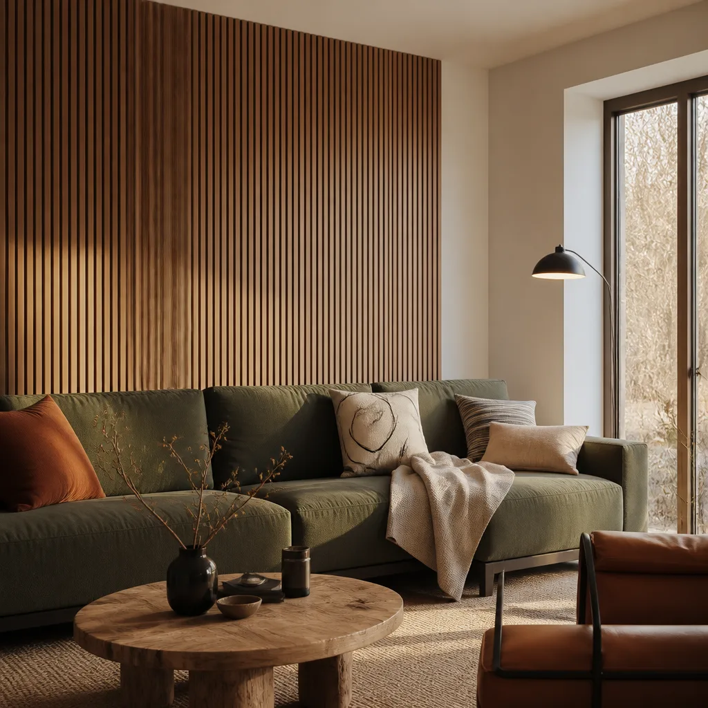 Vertikale Lamellenholzwand an der Wand hinter einem modernen Sofa montiert, warmer Holzton gegen weiße Wände, Abendlicht