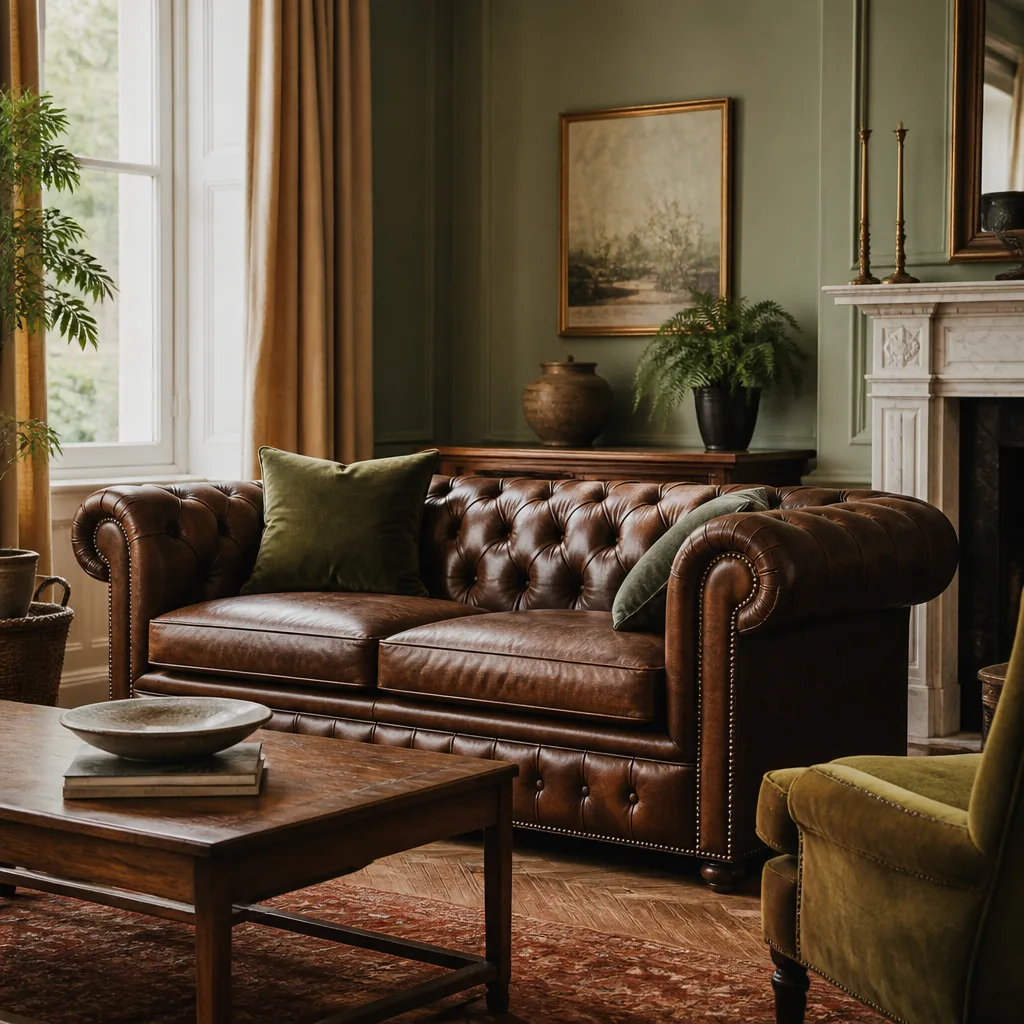 Tiefbraunes Leder-Chesterfield-Sofa mit gerollten Armlehnen und Knopfheftung als Mittelpunkt eines klassischen Wohnzimmers, warmes Licht