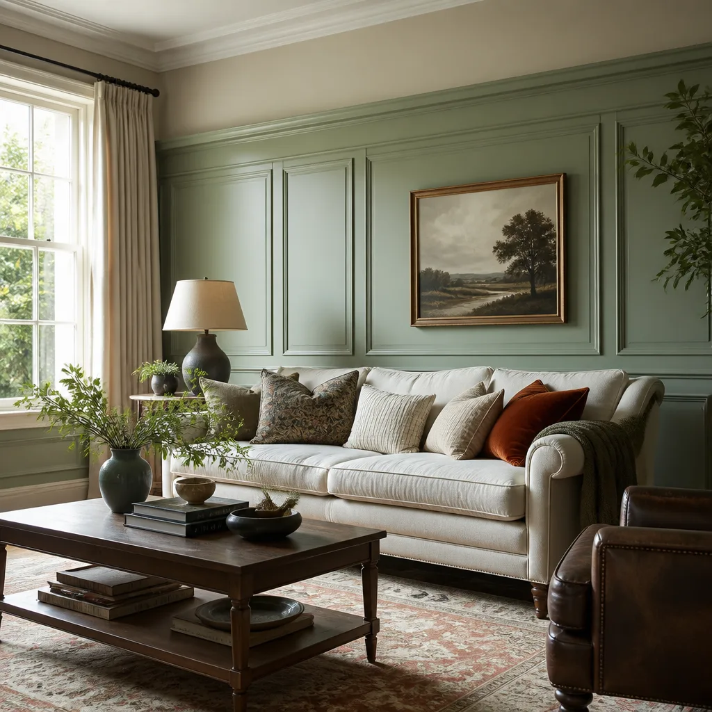 Klassische Wandvertäfelung im Wainscot-Stil, gestrichen in sanftem Salbeigrün, hinter einem traditionellen Sofa, Gesimsdetail, Tageslicht