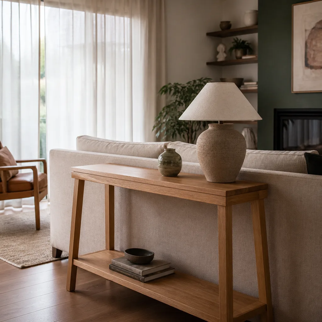 Schmaler Eichenkonsolentisch hinter einem beigefarbenen Stoffsofa, Tischlampe und eine kleine Vase, Nachmittagslicht durch transparente Vorhänge