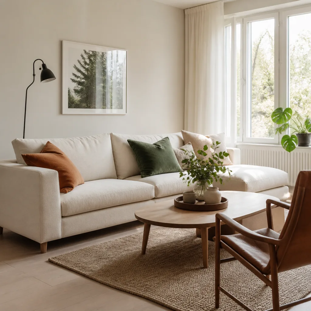 Helles, haferflockenfarbenes Leinensofa in einem hellen, skandinavisch gestalteten Wohnzimmer mit hellem Holzboden, weißen Wänden, sanftem Tageslicht