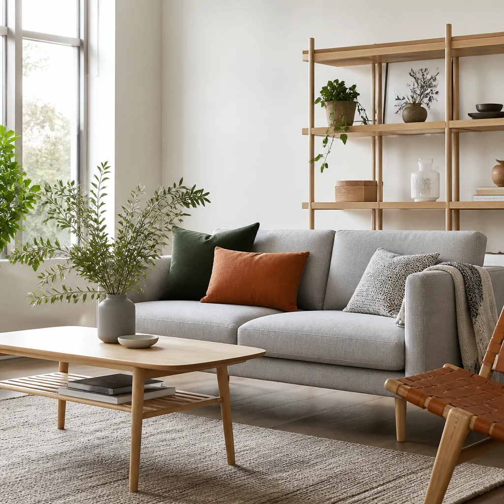 Hellgraues skandinavisches Sofa kombiniert mit hellem Eschenholz-Couchtisch und Regal, weiße Wände, helles natürliches Licht