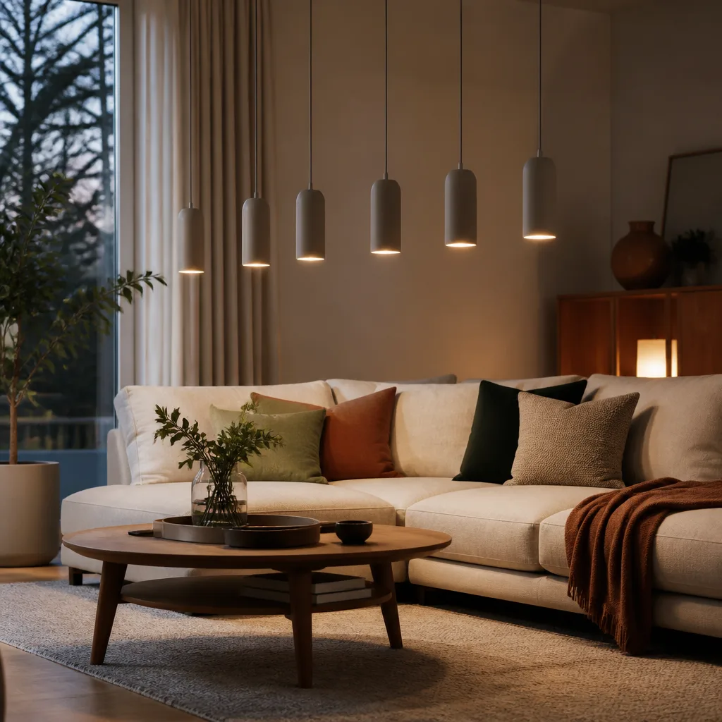 Reihe schlichter Pendelleuchten, tief über einem skandinavischen Sofa und Couchtisch aufgehängt, heller Holzboden, Abendlicht