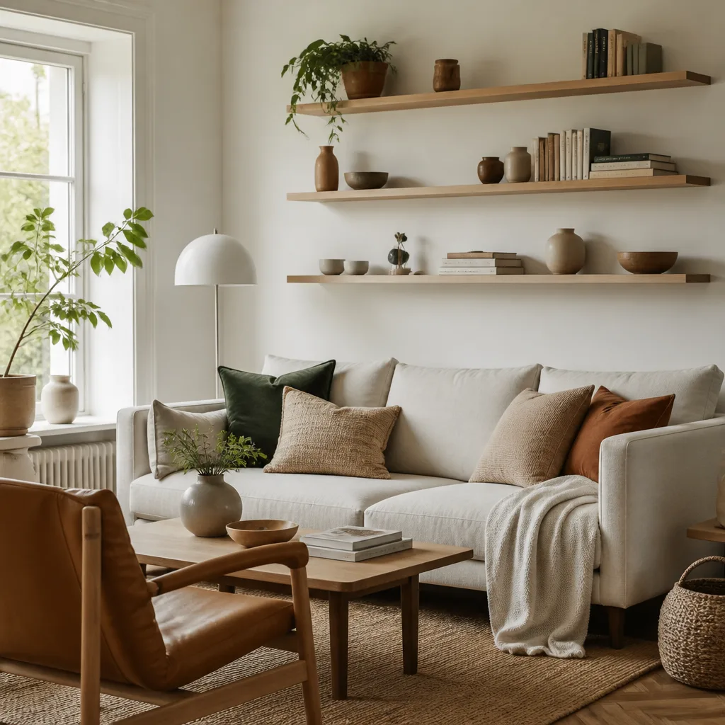 Reihe heller Holzwandregale über einem hellen skandinavischen Sofa, mit Büchern und schlichter Keramik, helles Tageslicht