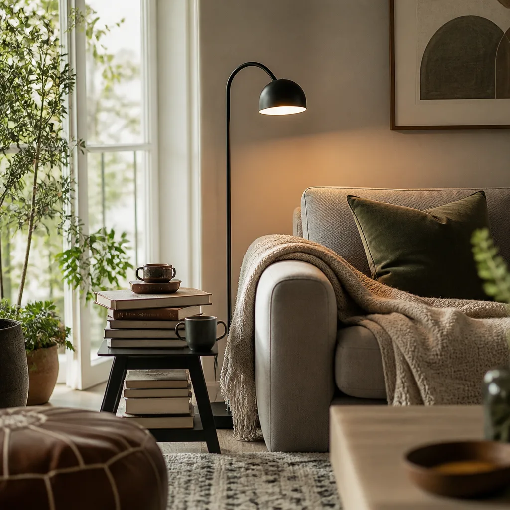 Gemütliche Leseecke neben einem Sofa mit einem kleinen Beistelltisch voller Bücher, warme Stehlampe, Abendlicht