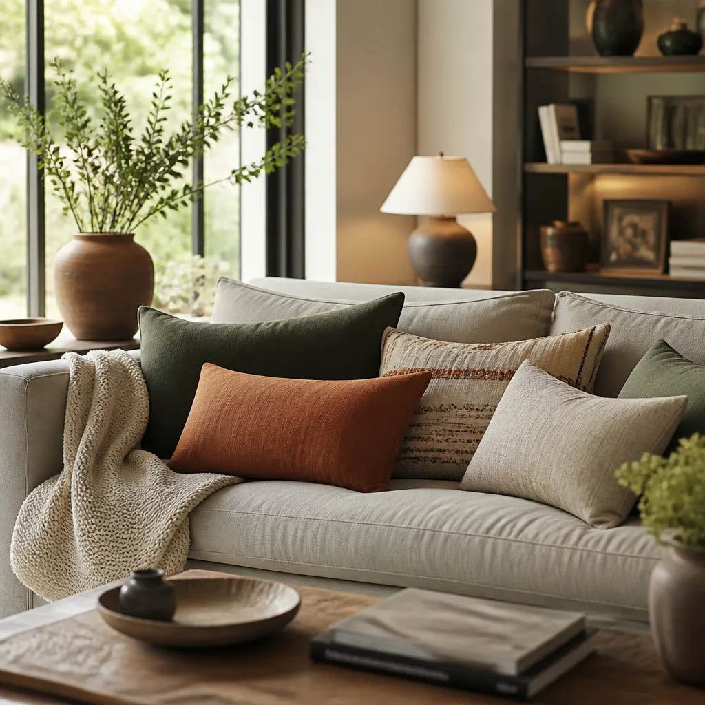 Sofa geschichtet mit gemischten Kissen in warmen Tönen und einer groben Strickdecke, gemütliches Wohnzimmer, sanftes Abendlampenlicht