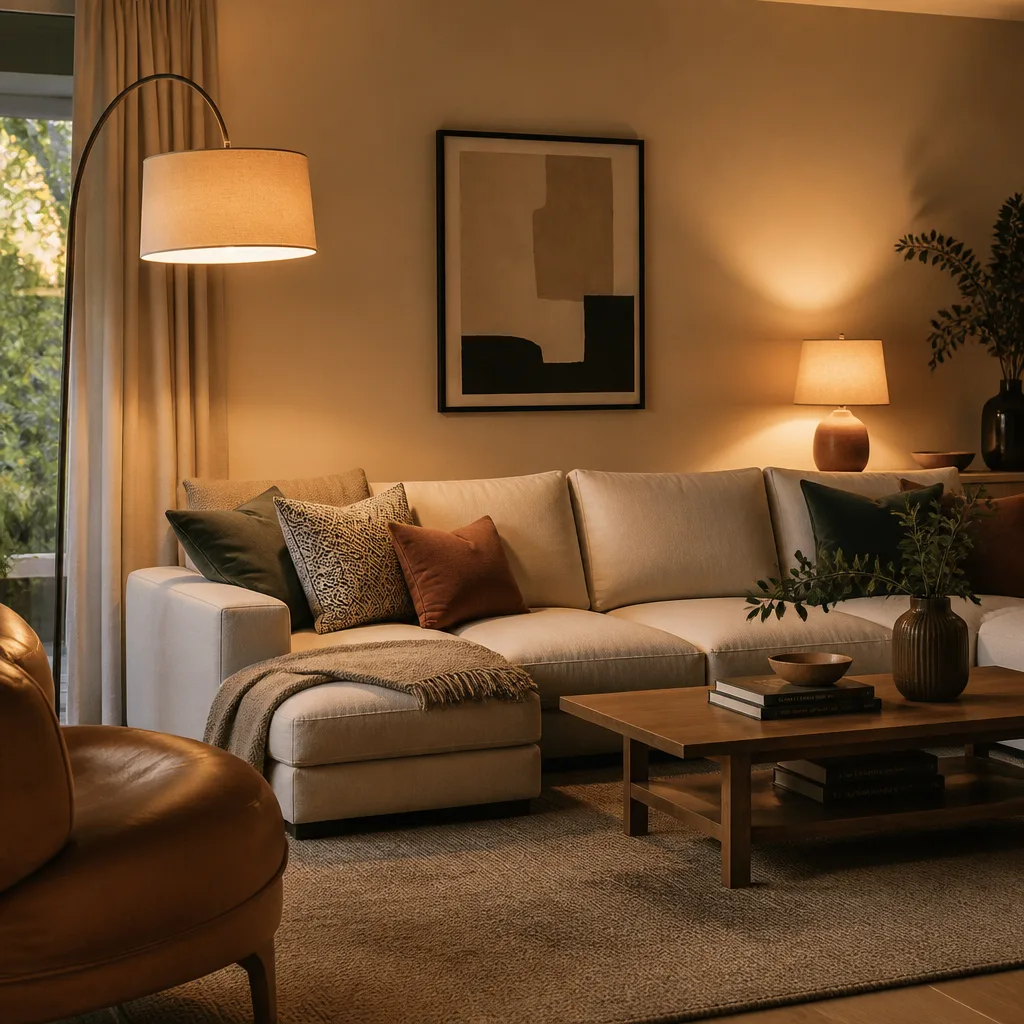 Wohnzimmer mit einem Sofa, beleuchtet von einer warmen Stehlampe und einer Tischlampe statt Deckenlicht, sanftes Abendleuchten