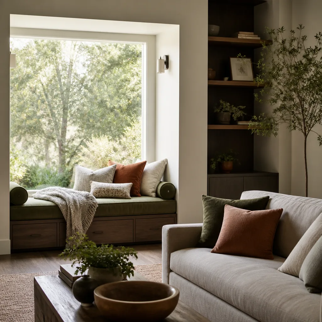 Gemütliche Fensternische mit einem Daybed und Kissen neben einem Wohnzimmersofa, sanftes Tageslicht durch ein großes Fenster
