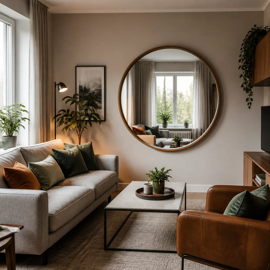 Runder, holzgerahmter Spiegel an einer Wand gegenüber einem hellgrauen Sofa in einem kleinen Wohnzimmer, spiegelt ein Fenster und Tageslicht