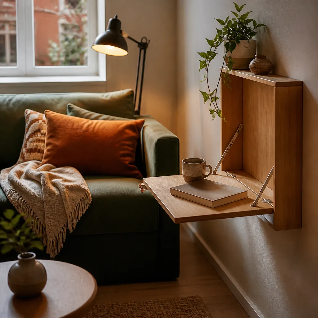 Kompaktes Klappwandregal neben einem kleinen Sofa in einer engen Wohnzimmerecke montiert, mit einer Tasse und einem Buch, Lampenlicht am Abend
