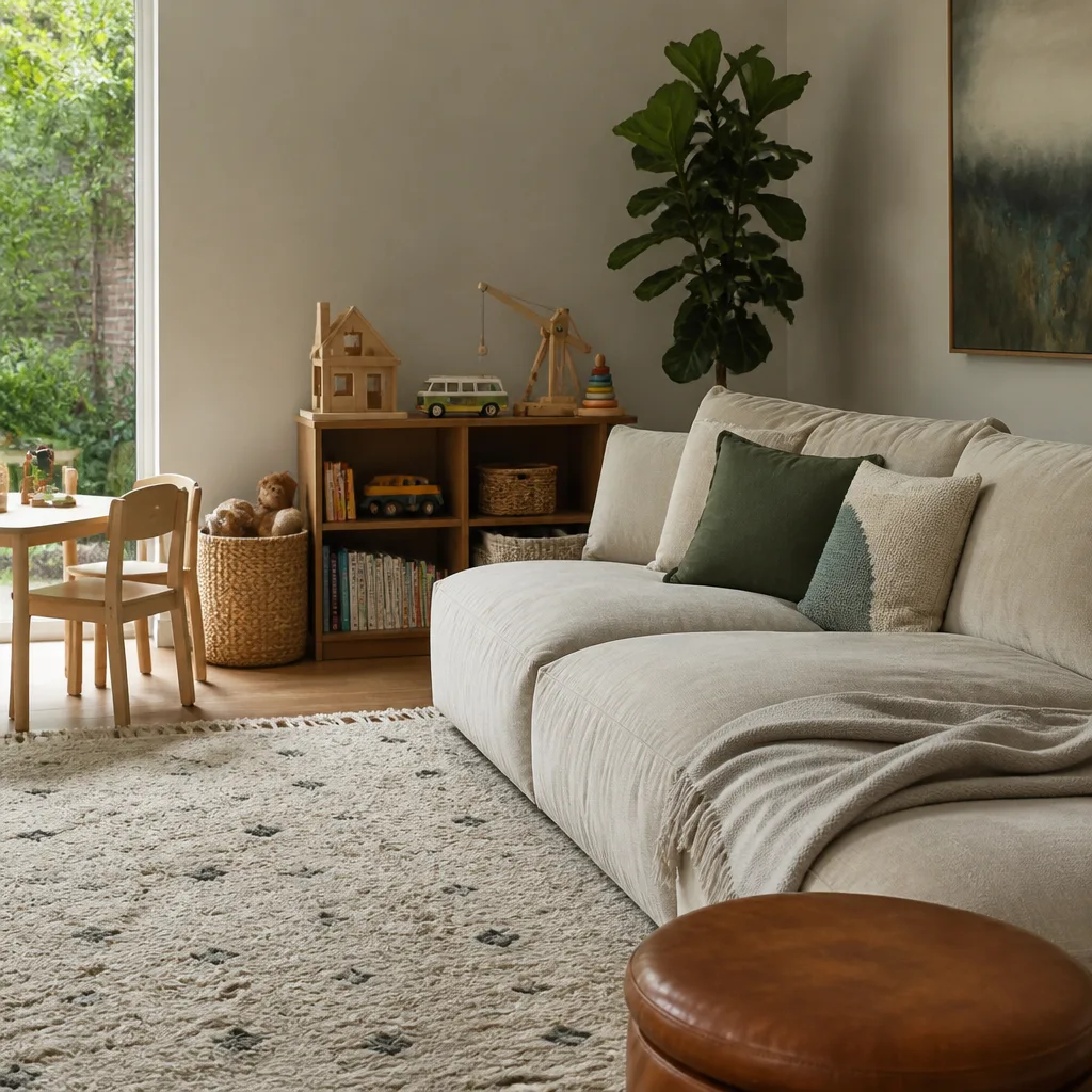 Familienwohnzimmer mit großem Stoffsofa und einem niedrigen offenen Regal mit Spielzeug und Büchern in der Ecke, weicher Teppich auf dem Boden, Tageslicht