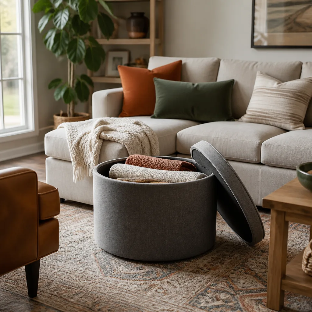 Gepolsterter Aufbewahrungspouf als Couchtisch vor einem Familiensofa, Deckel offen mit gefalteten Decken sichtbar, Tageslicht im Wohnzimmer