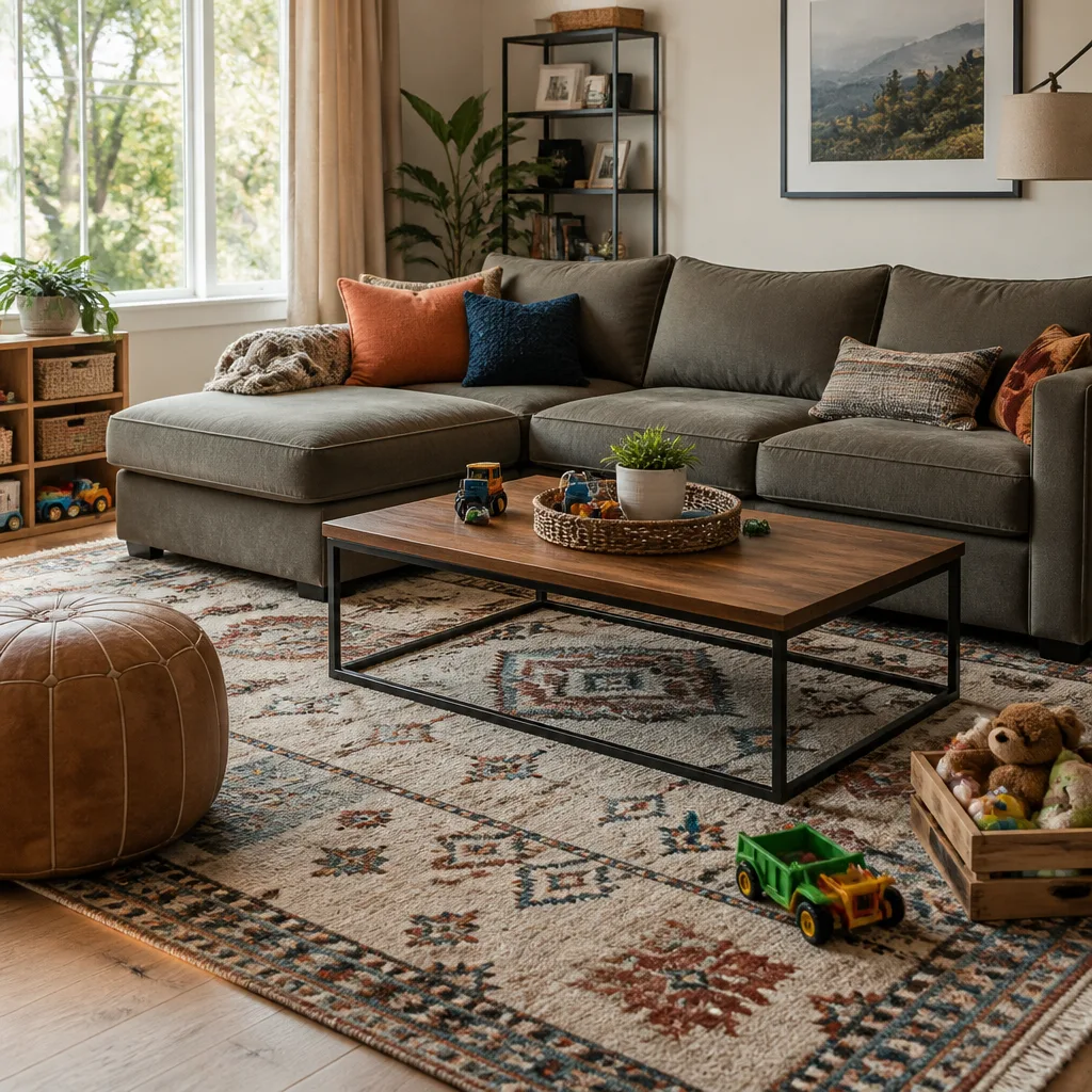 Gemusterter Kurzflorteppich unter einem Familiensofa und Couchtisch in einem Wohnzimmer mit Kinderspielzeug in der Nähe, natürliches Tageslicht